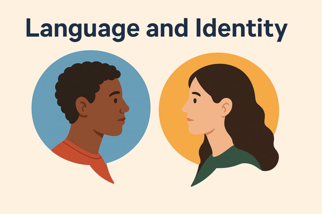 A flat-style digital illustration with the title 'Language and Identity' in bold navy blue text on a light beige background. Below the title, two colourful speech bubbles — one blue and one orange — contain simple profile illustrations of a man and a woman facing each other, symbolising communication and cultural identity.